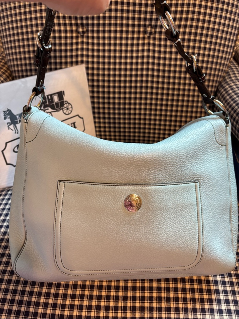 Coach Pebbled Leather Shoulder Bag in robin’s egg Blue with Dark Brown Trim - Picture 8 of 13